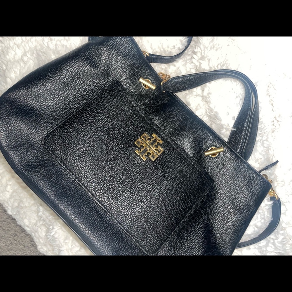 Tory Burch Britten Laptop Black Leather Satchel Bag - Women | Color: Black